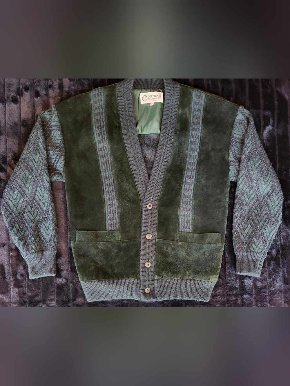 Vintage Deerskin Trading Post Suede Panel Cardigan 70s Cowl Neck Sweater - Large